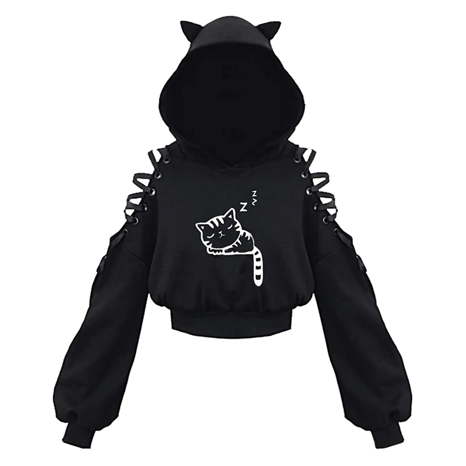 Cat Crop Top Hoodie w/ Exposed Shoulders